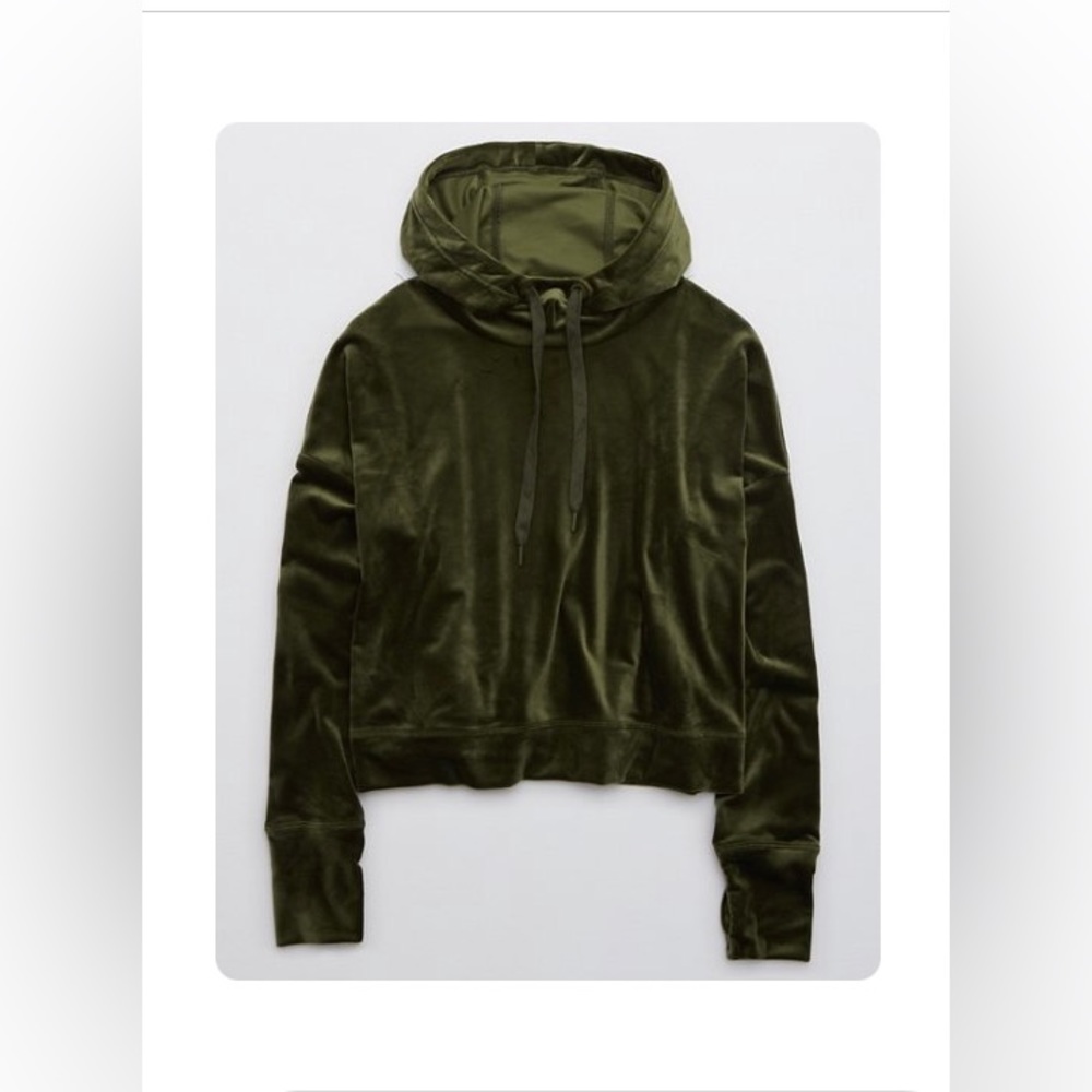 Aerie Offline after party velour hoodie in the color “olive daze”